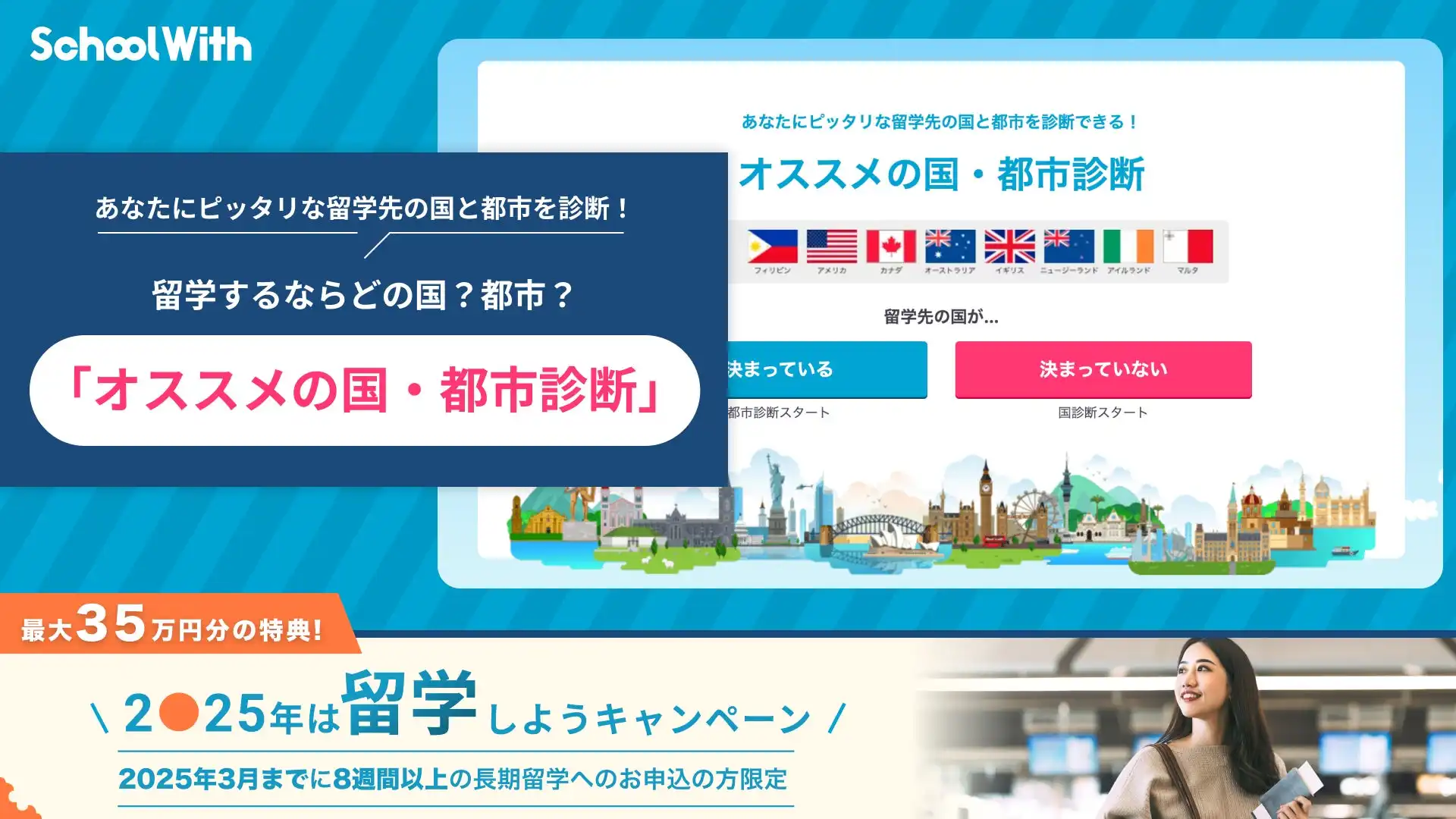 スクールウィズが留学オススメの国・都市診断をリリース、8カ国51都市から最適な留学先を約5分で診断可能に